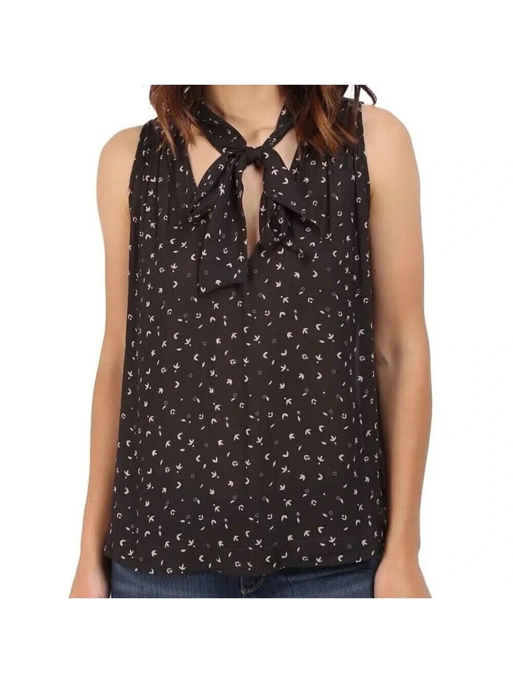 FREE PEOPLE Sleeveless ‘Tuck In’ Tie-Neck Chiffon Flowy Top in Black Combo-XS